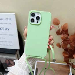 Crossbody Strap Lanyard Silicone Phone Case For iPhone 15 14 13 12 Mini 11 Pro Max Plus Candy Color Soft TPU Back Cover