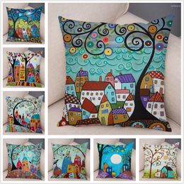 Pillow Retro Rural Colour Cities Cover For Sofa Home Car Decor Colourful Cartoon House Case Tree Short Plush Pillowcase