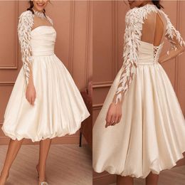 Simple Short Wedding Dresses A Line Bridal Gowns Applique Sequins Custom Made Lace Up Long Sleeve Bride Dress Vestidos De Novia