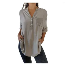 Women's Blouses Women Mid-length Shirt Solid Color Stylish V-neck Sequin With Patch Pocket Long Sleeve Casual Top