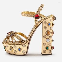 Dress Shoes Gold Metallic Leather Crystal Heels Rhinestone Gladiator Sandals Metal Decoration Platform Women Square Heel Sandal