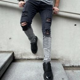 Casual Denim Jeans Men Slim Zipper Black Hole Painted White Stretch Pencil Pants Ripped Jeans For Men Straight Full Length