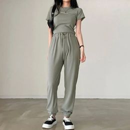 Women Top Pants Set Soft Breathable Womens Tracksuit High Waist Tshirt Elastic with Drawstring Comfortable 240518