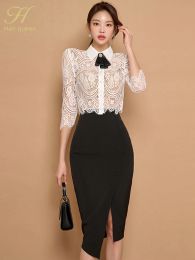 H Han Queen Elegant 2023 Summer 2 Pieces Set Women Bow Lace Tops + High Waist Slit Pencil Skirts Casual Simple Office Skirt Suit