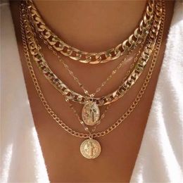 Pendant Necklaces New Fashion Multilevel Punk Gold-plate Thick Geometric Chain Necklace For Women Vintage Jesus Mary Portrait Coin Pendant Jewellery S2453102