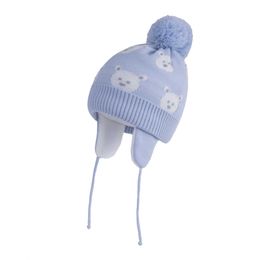 T-shirts Connecting Style Baby Boys and Girls Skull Hat Winter Pini Knitted Wool Lining Cute Cartoon Bear Childrens Warm Earmuff Hat d240525