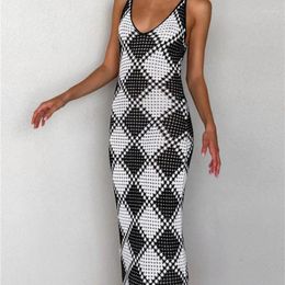 Beach Outlet Women Swim Wear Fashion 2024 Luxury Summer Sleeveless Neck Sexy Strap Knitted Plaid Dress Print Acrylic Outings