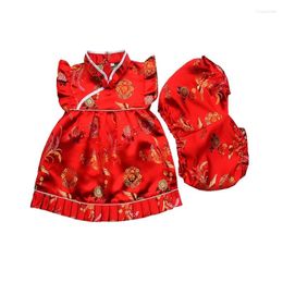 Set di abbigliamento per bambini vestiti in stile cinese pantaloncini vintage set top floreali di brocade Qipao 2 pezzi rossi chegsam outfit piaxq