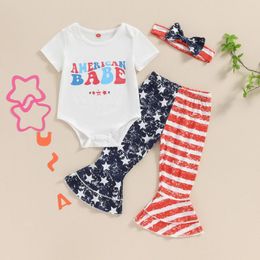 Clothing Sets Summer Independence Day Infant Baby Girl Outfit Letter Print Short Sleeve Romper Stripe Star Flare Pant Headband