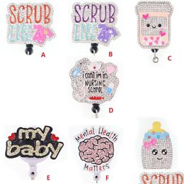 Key Rings Medical Scrub Life Rhinestone Retractable Id Holder For Nurse Name Accessories Badge Reel With Alligator Clip Drop Deliver Dhptx