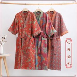 Women's Sleepwear Cotton Chinese Style Printwomen's Bathrobe Long Seleve Laides Autumn Winter Dressing Gown V Neck Kimono With Sashes Female