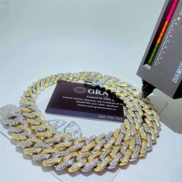 Tone tono placcato in oro personalizzato Miami Cuban Link Catena 14 mm 2 righe VVS Moissanite Cuban Chain Bracciale Pass Diamond Test Collana