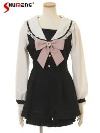 Lolita Shorts Set Women 2023 Spring New Japanese Style Big Bow Lace Up Base Blouses Female Elegant High Waist Slim Black Shorts