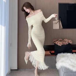 Casual Dresses 2024 Autumn Winter Sexy Off Shoulder Knitted Bodycon Long Dress Women Slash Neck Flare Sleeve Tassel Apricot Sweater Vestido