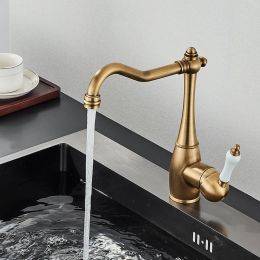 Antique Brass Kitchen Faucet Ceramic Handle Deck Mount Basin Sink Faucet 360 Rotate Mixer Taps Hot Cold Water Faucet Crane