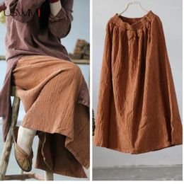 Skirts 2024 Autumn Skirt Literature Retro Simple Pure Color Elastic Waist Long Section Soft Loose Comfort Linen Ladies