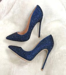 woman women lady 2019 new dark blue navy crystal pointed toe high heels shoes pumps Rhinestone Stiletto Heel6756230