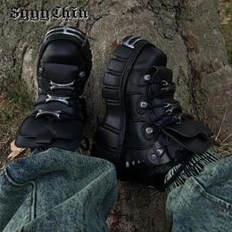Spring Women Pumps Black Punk Lady Chunky Heel Platform Metal Sneakers Female Fashion Desigh Dark Retro Shoes Mujer Zapatos 240521