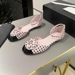 Casual Shoes For Women Genuine Leather Sandals Low Heels Flower Ballet Flats Polka Dot Round-Toe Summer Designer Zapatos De Mujer