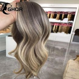 Highlight Human Hair Lace Frontal Wig Brown Ash Blonde full lace Human Hair Wig Natural Wave HD Transparent lace Bleached Knows