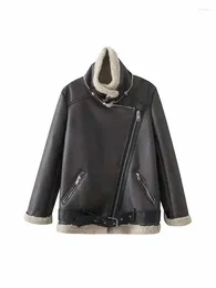 Party Dresses Women Fashion With Belt Loose Warm Casual Fur Faux Leather Jacket Coat Vintage Long Sleeve Zipper Female Outerwear Chic Tops