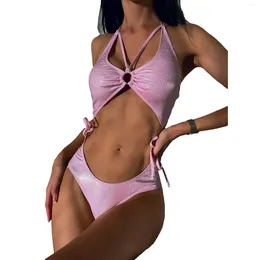 Women's Swimwear Womens Shiny One Piece Bikini Slingkini Swimsuit Halter Padded Cup O-Ring High-cut Bathing Suit Summer Beachwear