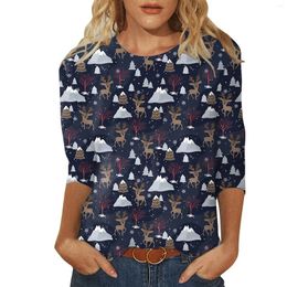Women's T Shirts Christmas Long Sleeve Shirt For Women Autumn Vintage Elegant Top Ladies Round Neck Animal Print Tees Fashion Casual