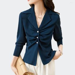 Women's Blouses Office Lady Elegant Chiffon Shirts And Tops Long Sleeve V-Neck Folds Slim Waist Cardigan All-match Fashion Women 2024
