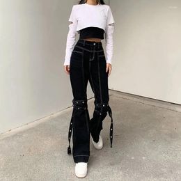 Women's Jeans Harajuku Punk Black Wide Leg Women Clothes Pants Hip Hop High Waist Bandage Streetwear Rivet Trousers Pantalones De Mujer