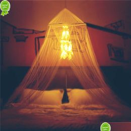 Mosquito Net New Bed Canopy With Double Circle White Feather Dream Catcher And 50 Led Fairy String Lights Dome Curtains Drop Delivery Dhadc