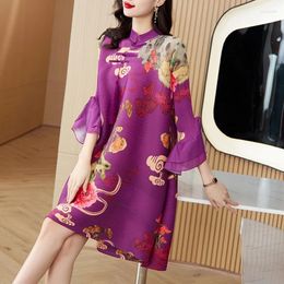 Casual Dresses Autumn Chinese Style Retro Printing Mandarin Collar Loose Size Female Pleated Dress Fashion Flare Sleeve Woman Floral