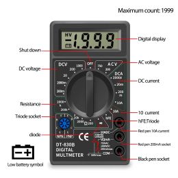 DT830B LCD Digital Multimeter AC/DC 750/1000V Voltage Tester Voltmeter Ammeter Ohmmeter Tester with Detachable Test Leads LQE1