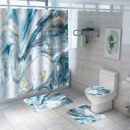 Shower Curtains Marble Curtain Sets Natural Luxury Ocean Art Blue Gold Powder Fabric Bathroom Set Non-Slip Rugs Toilet Lid Cover Bath Mat