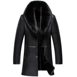 Russian Winter Fur Collar Leather Jacket Men New Business Casual Medium Long Windbreaker Coat Male Sheep Skin Jacket 5XL