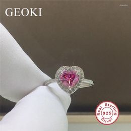 Cluster Rings Geoki Luxury 925 Sterling Silver 1 Ct Perfect Cut Passed Diamond Test Pink VVS1 Heart Moissanite Ring Trendy Colourful Jewellery