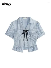 Women's Blouses Blouse Women Shirts Light Blue Striped Tops Bow Turn-down Collar Short Sleeve Ruffles Pleated Button Up Shirt Summer Korean