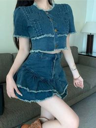 Work Dresses Korean Style Summer Streetwear Denim Skirt Set Women Shirt Crop Top Mini Mermaid Cowboy 2 Piece Suits