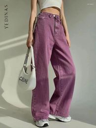 Women's Jeans Yedinas Streetwear Purple High Waist Woman 2024 Korean Fashion Irregular Design Mom Boyfriend Wide Leg Pants