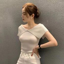 Women's Polos Polo Collar Women T Shirt Sleeve Slim Fit Off-Shoulder Knitted Top For 2024 Summer Thin Sweet Wind T-Shirt