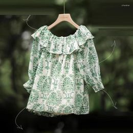 Women's Blouses Print Blouse Butterfly Sleeve Green Loose Clothes Ruffles Shirt Women 2024 Summer Sweet Slash Neck Off Shoulder Tops 27766