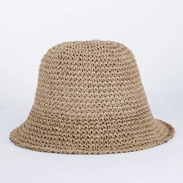 Womens Straw Sun Hat Woven Bucket Hat Fishing Hat Beach Hat Foldable Cap Solid Colour Straw Beach Hat Summer 240520