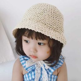 Caps Hats Summer Korean boys and girls straw hat lace shoulder strap crochet childrens handmade folding sun hat lace beach sun hat d240527