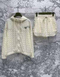 24 women's patchwork double line lace casual set hooded jacket high waisted shorts 524
