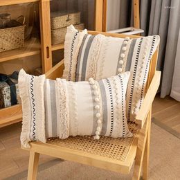 Pillow Bohemian Cotton Linen Cover Fashion 30x50/45x45cm Tufted Fringes Beige For Sofa Bed Pompon Home Decorative