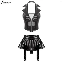 Bras Sets Womens Sexy Wet Look Leather Lingerie Outfits Notched Lapel V Neck Sleeveless Crop Top Ruffle Miniskirt Built-in Thongs Garters