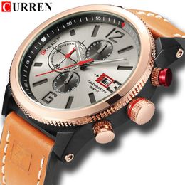 Fashion Mens Chronograph Watches Genuine Leather Strap Quartz Wristwatch CURREN Casual Sport Style Waterproof 99FT Relojes 302J