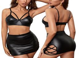 Two Piece Dress Thorn Tree Black PU Leather 2PCS Women Suits Sleeveless Strap Vneck Tube Tops Cropped High Waist Hollow Out Penci7505141