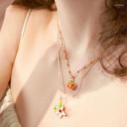 Pendant Necklaces Sweet Orange Double Layer Necklace For Women 2024 In Flower Summer Light Luxury Girl Accessories