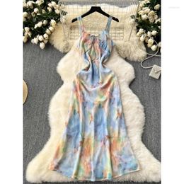 Casual Dresses Holiday Retro Long Sleeveless Dress Women Summer Lady Pure Desire Slim-fit Elegant Printed Sling Chiffon