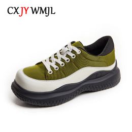 CXJYWMJL Genuine Leather Women Platform Sneakers Spring Casual Vulcanised Shoes Ladies Thick Bottom Skate Shoes Female Flats